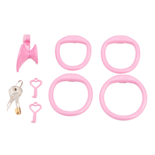 Load image into Gallery viewer, Pink inverted chastity cage with 4 rings