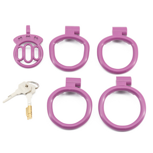 Flat purple chastity cage with 4 rings