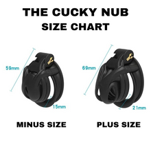 Load image into Gallery viewer, The Cucky Nub Resin Chastity Cage Size Chart
